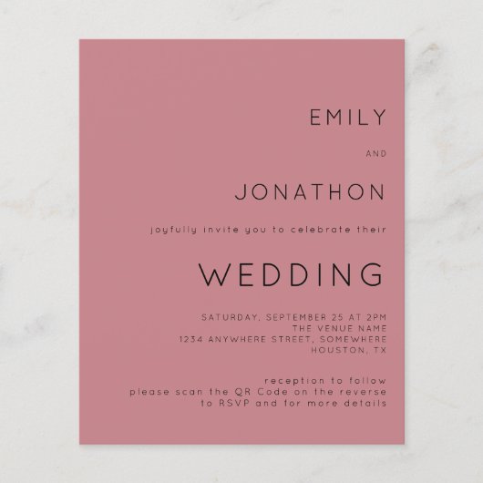 Budget Simple Dusty Roos QR Code Wedding Uitnodige (Voorkant)