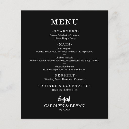 Budget Simple Elegant Black Weduwmenu (Voorkant)