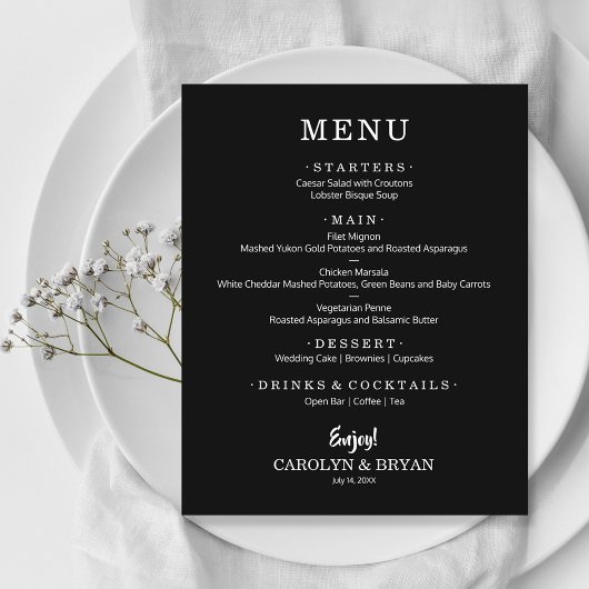 Budget Simple Elegant Black Weduwmenu