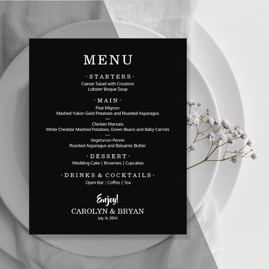 Budget Simple Elegant Black Weduwmenu Flyer