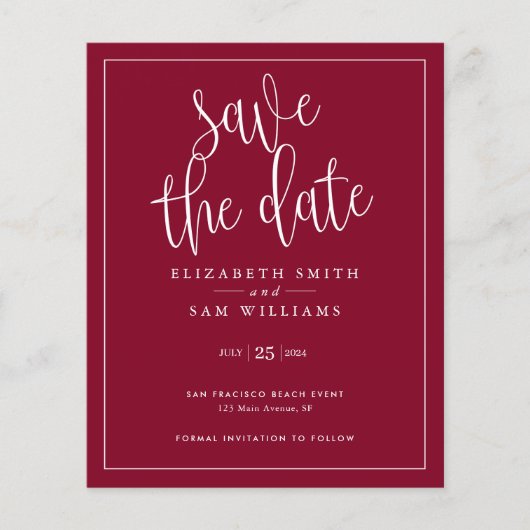 Budget Simple Elegant Burgundy Red Save the Date Flyer (Voorkant)