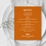 Budget Simple Elegant Burnt Oranje Wedding Menu<br><div class="desc">Een betaalbaar, waardevol papier dat een oranje diner met je keuzen op het gebied van eten verbrand is, is perfect voor een moderne huwelijksreceptie, huwelijksrepetitie, verjaardagsfeest, of een speciaal evenement met een sit-down diner. Meet 4, 5 x 5, 6 inch (of kies uit twee andere maten) gedrukt op 110 lb....</div>