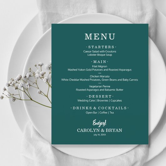 Budget Simple Elegant Dark Blauwgroen WeddenMenu
