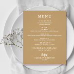 Budget Simple Elegant Gold Wedding Menu<br><div class="desc">Een voordelige, voordelige kaart van het papieren diner op goud met je keuzen op het gebied van eten in de witte hoofdletters is perfect voor een moderne huwelijksreceptie, huwelijksrepetitie, verjaardagsfeest of een speciale afspraak met een diner op tafel. Meet 4, 5 x 5, 6 inch (of kies uit twee andere...</div>