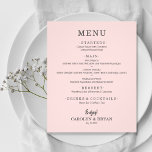 Budget Simple Elegant Pink Wedding Menu<br><div class="desc">Een voordelige, waardevolle papieren roze diner-menukaart met je keuzen op het gebied van eten in de vorm van een chic lettering is perfect voor een moderne trouwreceptie, een huwelijksrepetitie, een verjaardagsfeest of een speciale afspraak met een sit-down diner. Meet 4, 5 x 5, 6 inch (of kies uit twee andere...</div>