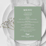 Budget Simple Elegant Sage Green Wedding Menu<br><div class="desc">Een voordelige, voordelige kaart van het papieren diner op sage-groen met je keuzen op het gebied van eten in de witte hoofdletters is perfect voor een moderne trouwreceptie, een huwelijksrepetitie-diner, een verjaardagsfeest of een speciale gebeurtenis met een diner bij de sit-down. Meet 4, 5 x 5, 6 inch (of kies...</div>