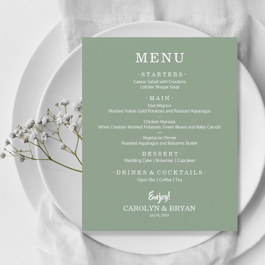 Budget Simple Elegant Sage Green Wedding Menu