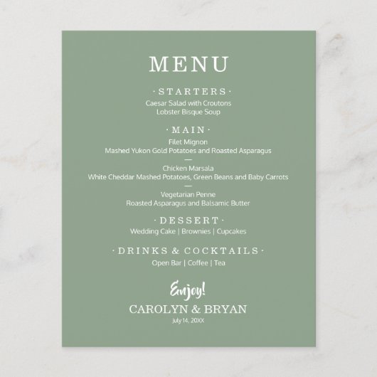 Budget Simple Elegant Sage Green Wedding Menu (Voorkant)