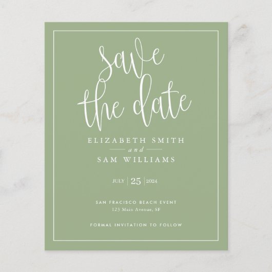 Budget Simple Elegant Save the Date Sage Green Flyer (Voorkant)