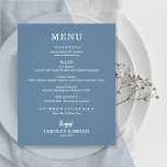 Budget Simple Elegant Slate Blue Wedding Menu<br><div class="desc">Deze kleine leisteen blauw diner menukaarten hebben een voordelige prijs van 80 lb. en bieden uw voedselkeuzes in witte hoofdletters. Ideaal voor een moderne huwelijksreceptie, huwelijksrepetitie-diner, verjaardagsfeest of een speciale gebeurtenis met een sit-down-diner. *Maatstaven 4, 5 x 5, 6 inch (of kies uit twee andere formaten) De Live Design Service...</div>