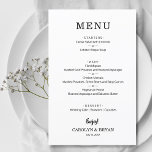 Budget Simple Elegant Weddenrenmenu<br><div class="desc">Een menu van het diner kenmerkt uw menu in het kartelschrijven. Betaalbaar papier van 110 lb meet 5, 5 inch x 8, 5 inch. Ideaal voor een moderne huwelijksreceptie,  huwelijksrepetities,  verjaardagsfeestjes of speciale evenementen met een diner op tafel. MEER KLEUREN,  afmetingen,  papier en prijzen in ons collectie.</div>