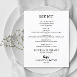 Budget Simple Elegant White Wedding Menu<br><div class="desc">Een voordelige, voordelige papieren diner-menukaart met je voedselkeuzes in de vorm van een chic lettering is perfect voor een moderne huwelijksreceptie, een huwelijksrepetitie, een verjaardagsfeest of een speciale afspraak met een sit-down diner. Meet 4, 5 x 5, 6 inch (of kies uit twee andere maten) gedrukt op 110 lb. gewichtspapier....</div>