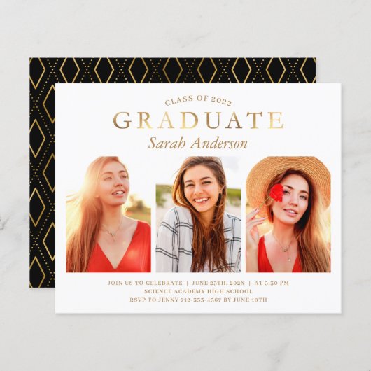 Budget Simple Gold 3 Photo Afstuderen Invitation (Voorkant / Achterkant)