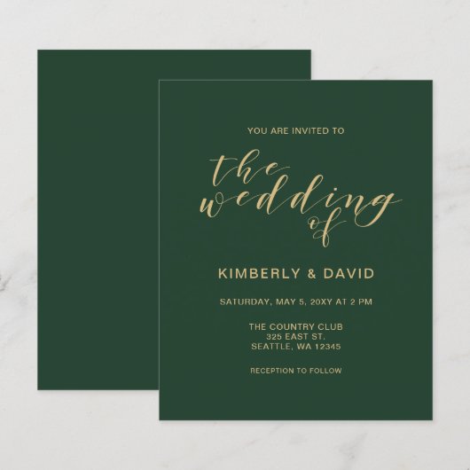 Budget Simple Green and Gold Wedding Invitation (Voorkant / Achterkant)