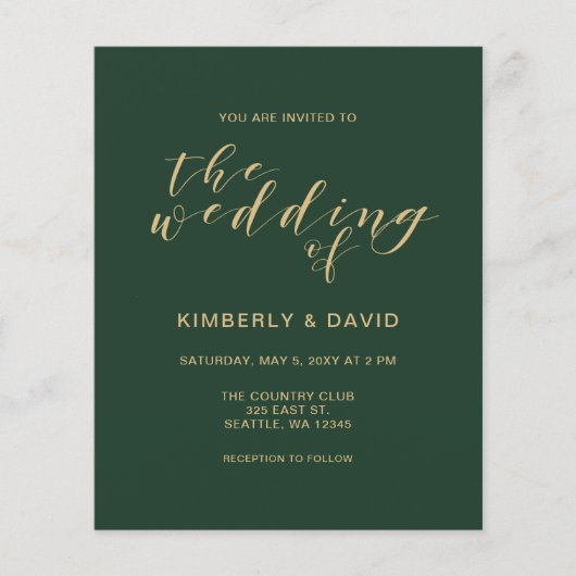 Budget Simple Green and Gold Wedding Invitation (Voorkant)