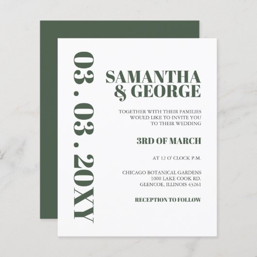Budget Simple Green Modern Wedding Invitation (Voorkant / Achterkant)