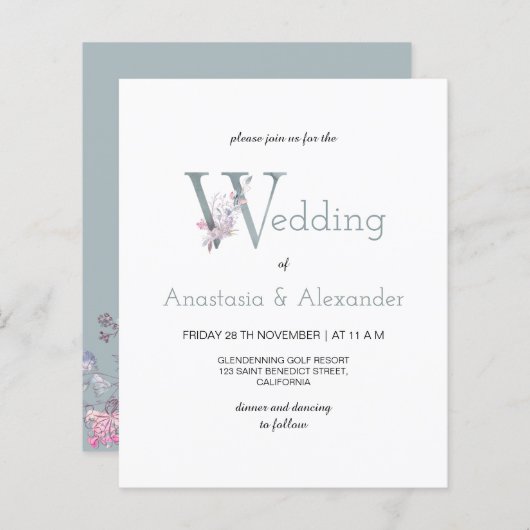 Budget/Simple & Greenery/Wedding Invitation. (Voorkant / Achterkant)