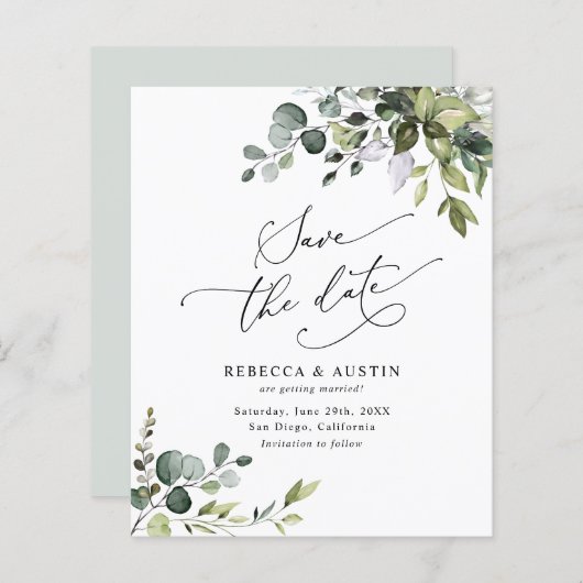 Budget Simple Greenery Wedding Save the Date (Voorkant / Achterkant)