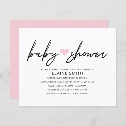 Budget Simple Heart Pink Baby shower Uitnodiging (Voorkant / Achterkant)