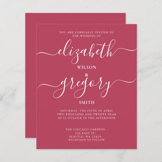 Budget Simple Magenta Modern Wedding Uitnodiging (Voorkant / Achterkant)