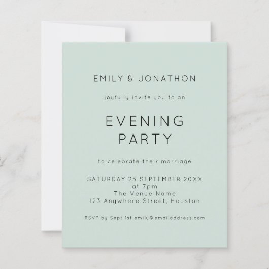 Budget Simple Mint Wedding Evening Party nodigt ui (Voorkant)