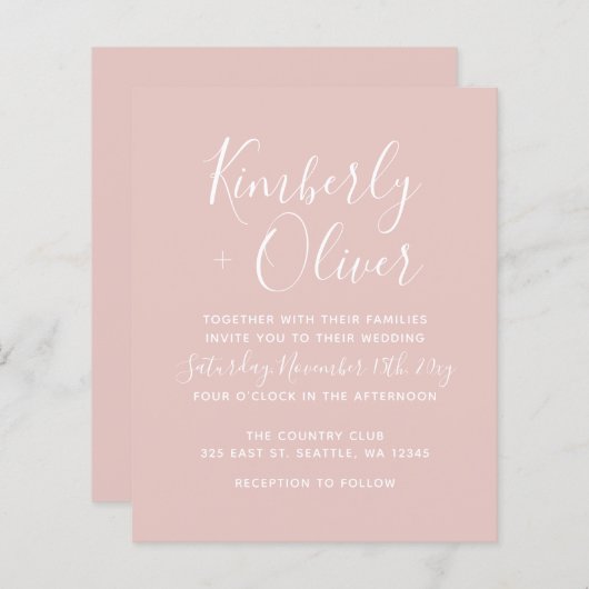 Budget Simple Modern Blush Wedding Invitation (Voorkant / Achterkant)