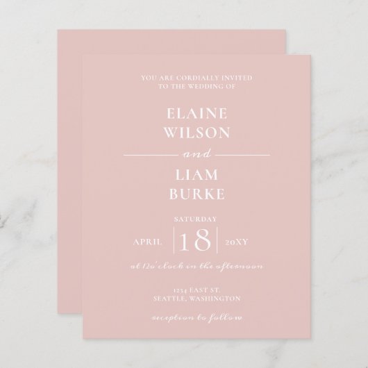 Budget Simple Modern Blush Wedding Invitation (Voorkant / Achterkant)