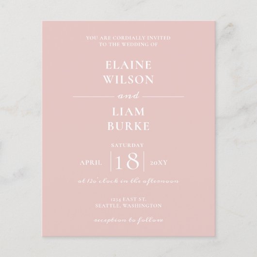 Budget Simple Modern Blush Wedding Invitation (Voorkant)