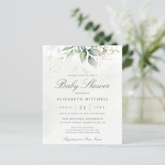 Budget Simple Modern Greenery Baby shower nodigt u (Staand voorkant)