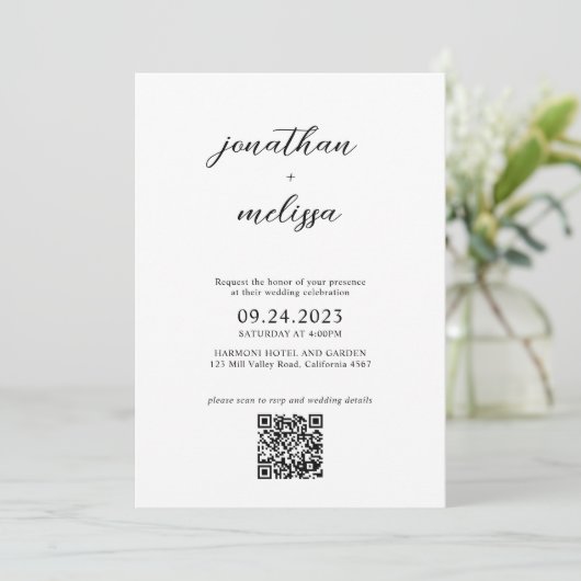 Budget Simple Moderne Script QR-code Boorbruiloft Kaart (Staand voorkant)