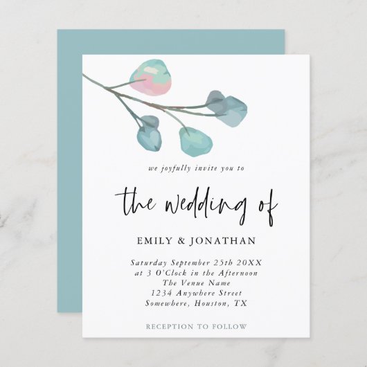 Budget Simple Pastel Eucalyptus Weduwen Uitnodigin (Voorkant / Achterkant)