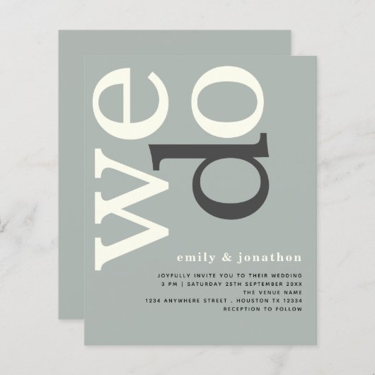 BUDGET Simple Sage Ivory Text Weddenschap Uitnodig (Voorkant / Achterkant)