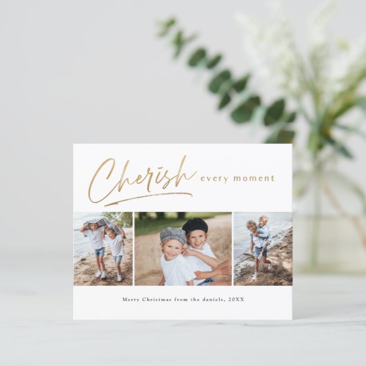 Budget Simple Script 3 Photo Collage Holiday Kaart (Staand voorkant)