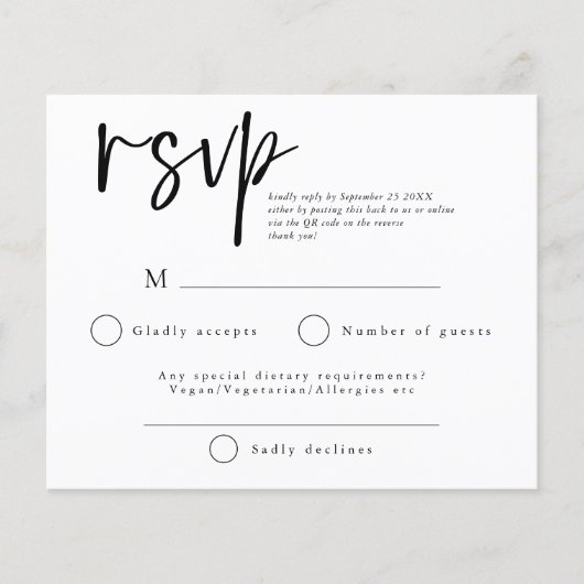 Budget Simple Script QR Code Weddenschap RSVP (Voorkant)
