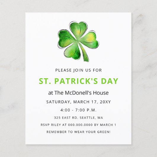 Budget Simple Shamrock St Patricks Day Invitation (Voorkant)