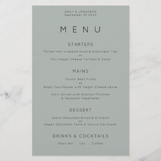 Budget Simple Silvery Sage Green Wedding Menu (Voorkant)