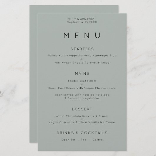 Budget Simple Silvery Sage Green Wedding Menu (Voorkant / Achterkant)
