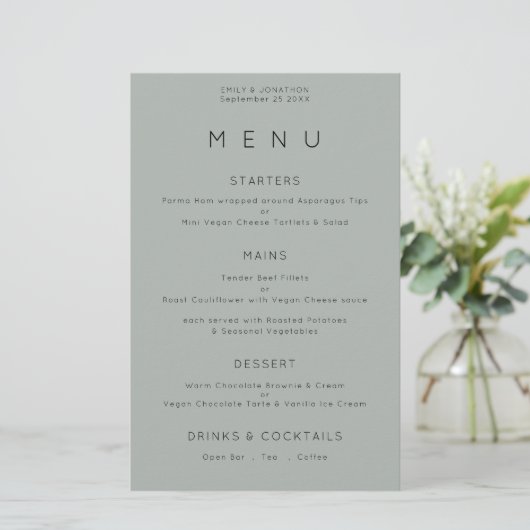 Budget Simple Silvery Sage Green Wedding Menu (Staand voorkant)