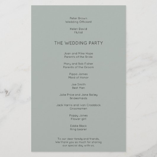 Budget Simple Silvery Sage Green Wedding Program (Achterkant)