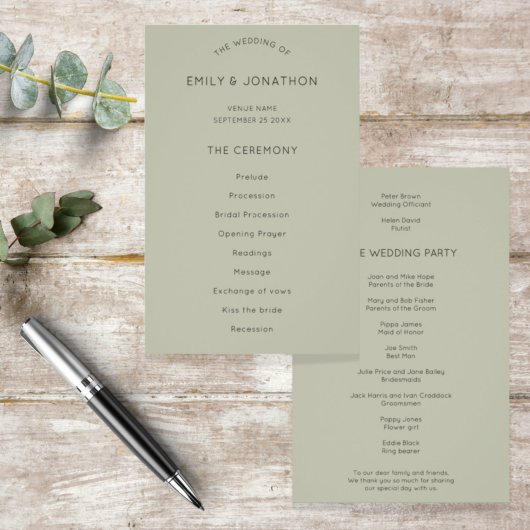 Budget Simple Soft Sage Green Wedding Program