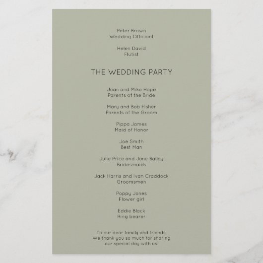 Budget Simple Soft Sage Green Wedding Program (Achterkant)