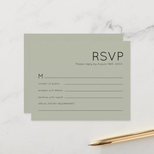 Budget Simple Soft Sage Green Wedding RSVP (Voorkant / Achterkant in situ)