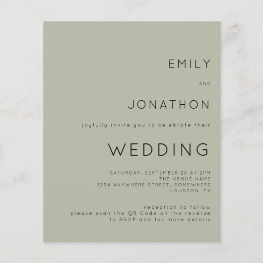 Budget Simple Soft Sage QR Code Weddenschap Uitnod (Voorkant)
