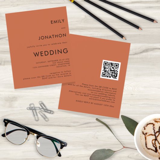 Budget Simple Terracotta QR Code Wedding Invite