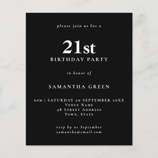 Budget Simple Text Black 21st Birthday Invitation (Voorkant)