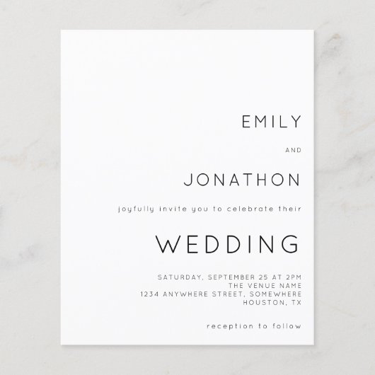 Budget Simple Text Black White Weduwen Uitnodiging (Voorkant)