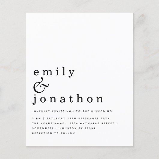 Budget Simple Text Black White Weduwen Uitnodiging (Voorkant)