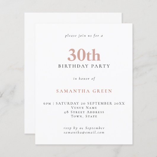 Budget Simple Text Blush 30th Birthday Invitation (Voorkant / Achterkant)