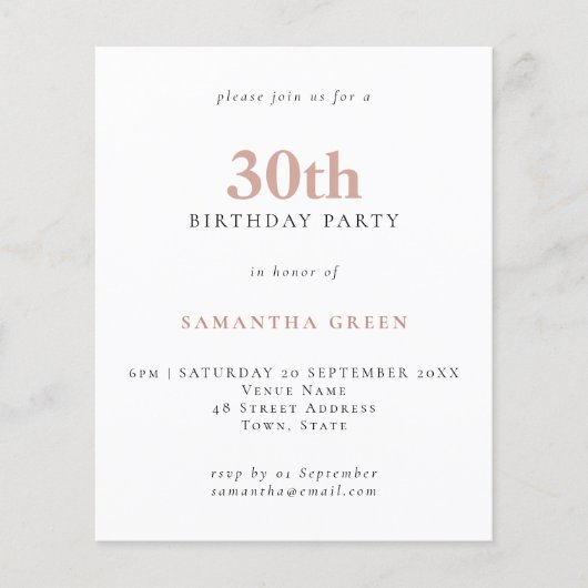 Budget Simple Text Blush 30th Birthday Invitation (Voorkant)