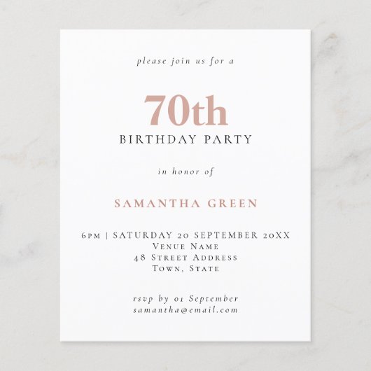 Budget Simple Text Blush 70th Birthday Invitation (Voorkant)